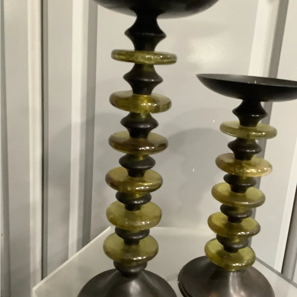 Z Gallerie Bronze and Olive Candle Hand Blown Glass Candle Sticks Holders